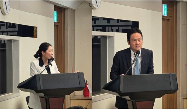 신현영 교수와 임원택 변호사가 피부 주입형 ECM 제품의 품질관리와 법적 검토 필요성에 대해 설명하고 있다.